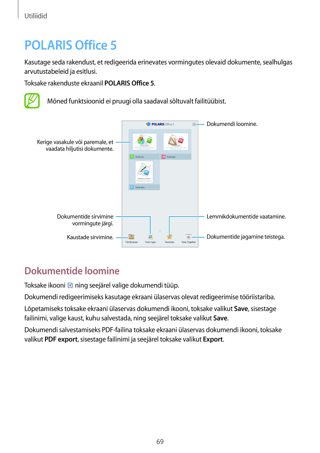 Samsung SM-T110XDWASEB, SM-T110XYKASEB, SM-T110NDWASEB, SM-T110NBGASEB, SM-T110NYKASEB Polaris Office, Dokumentide loomine 
