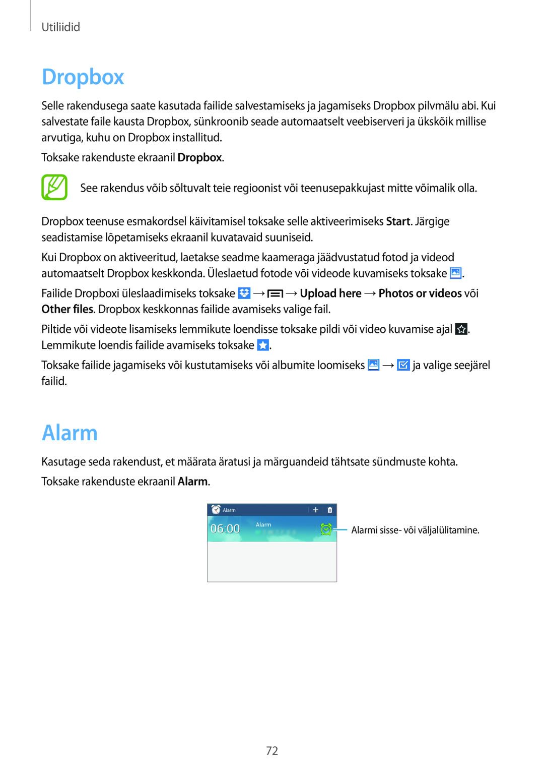 Samsung SM-T110NBGASEB, SM-T110XYKASEB, SM-T110NDWASEB, SM-T110NYKASEB, SM-T110NPIASEB, SM-T110NLYASEB manual Dropbox, Alarm 