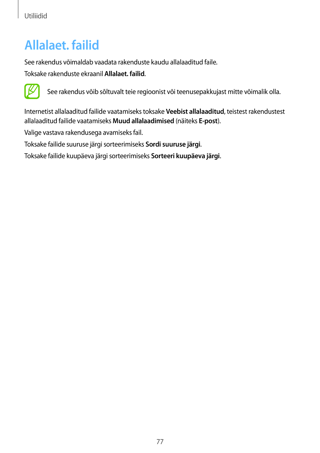 Samsung SM-T110XYKASEB, SM-T110NDWASEB, SM-T110NBGASEB manual Allalaet. failid, Valige vastava rakendusega avamiseks fail 