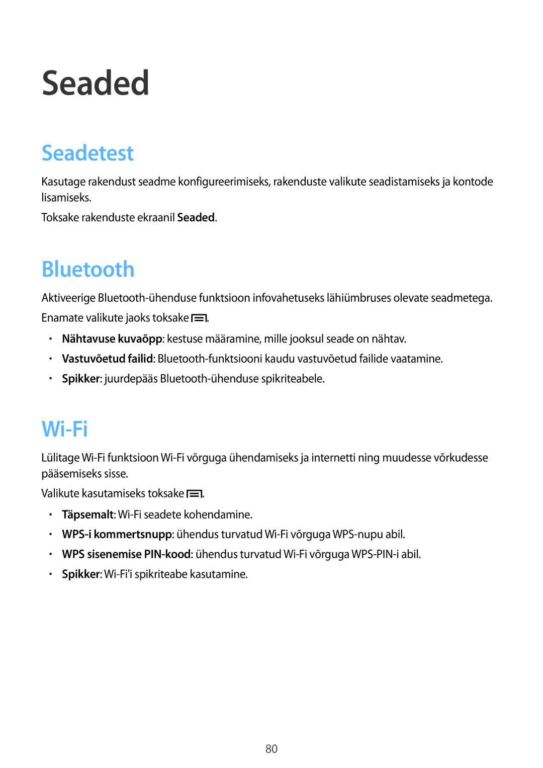 Samsung SM-T110NYKASEB, SM-T110XYKASEB, SM-T110NDWASEB, SM-T110NBGASEB, SM-T110NPIASEB manual Seaded, Seadetest, Wi-Fi 