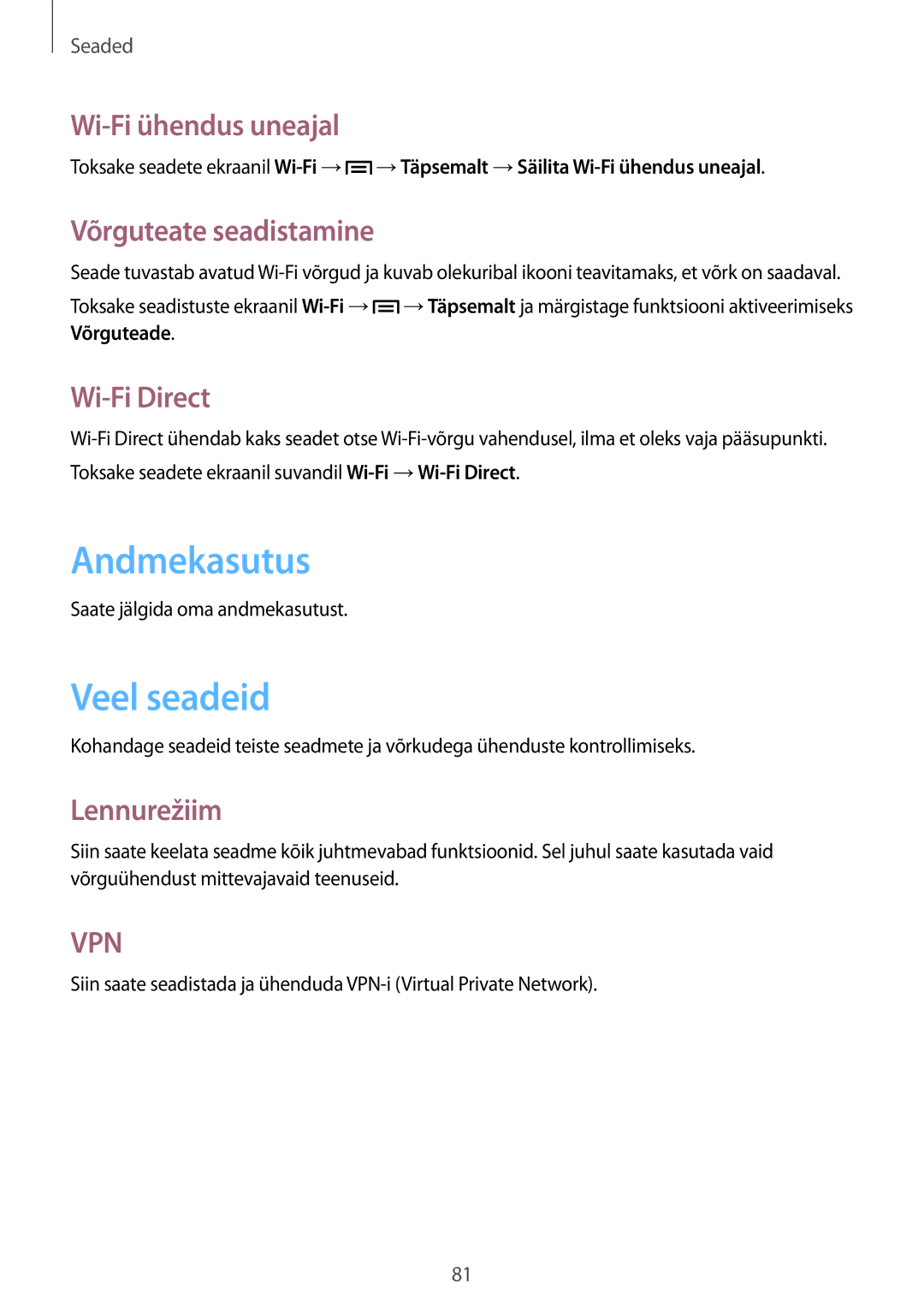 Samsung SM-T110NPIASEB, SM-T110XYKASEB, SM-T110NDWASEB, SM-T110NBGASEB, SM-T110NYKASEB manual Andmekasutus, Veel seadeid 