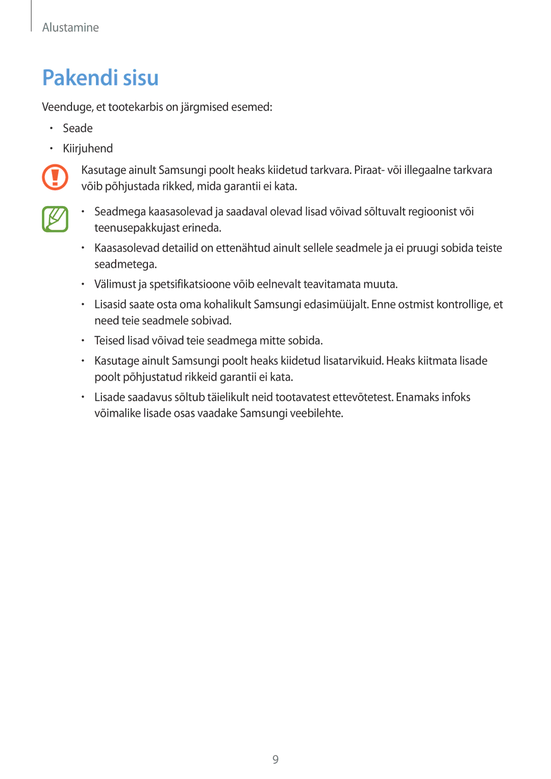 Samsung SM-T110NBGASEB, SM-T110XYKASEB, SM-T110NDWASEB, SM-T110NYKASEB, SM-T110NPIASEB, SM-T110NLYASEB manual Pakendi sisu 