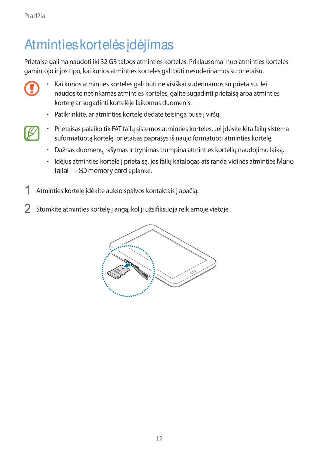 Samsung SM-T110NLYASEB, SM-T110XYKASEB, SM-T110NDWASEB, SM-T110NBGASEB, SM-T110NYKASEB manual Atminties kortelės įdėjimas 