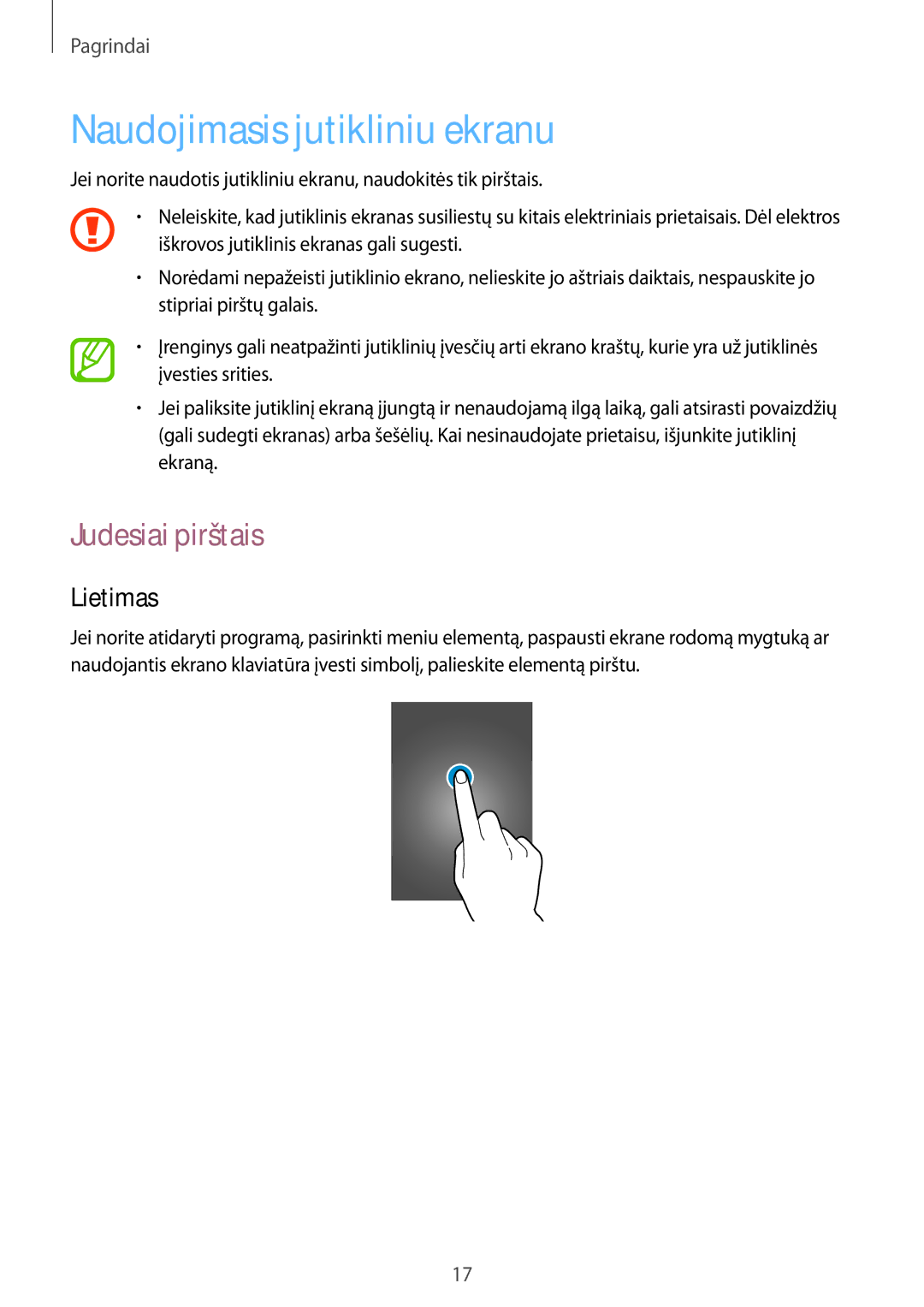 Samsung SM-T110NYKASEB, SM-T110XYKASEB, SM-T110NDWASEB manual Naudojimasis jutikliniu ekranu, Judesiai pirštais, Lietimas 