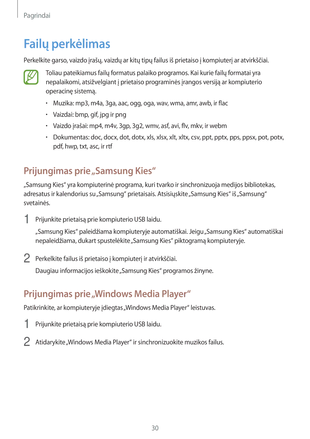 Samsung SM-T110NBGASEB manual Failų perkėlimas, Prijungimas prie„Samsung Kies, Prijungimas prie„Windows Media Player 