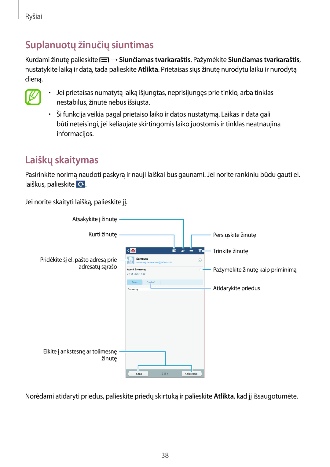 Samsung SM-T110NYKASEB, SM-T110XYKASEB, SM-T110NDWASEB, SM-T110NBGASEB manual Suplanuotų žinučių siuntimas, Laiškų skaitymas 