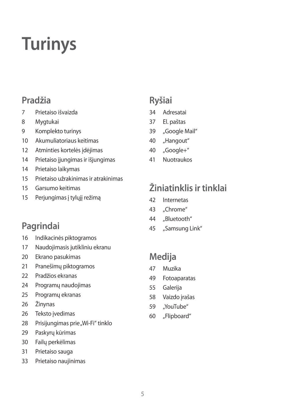 Samsung SM-T110NLYASEB, SM-T110XYKASEB, SM-T110NDWASEB, SM-T110NBGASEB, SM-T110NYKASEB, SM-T110NPIASEB manual Turinys, Pradžia 