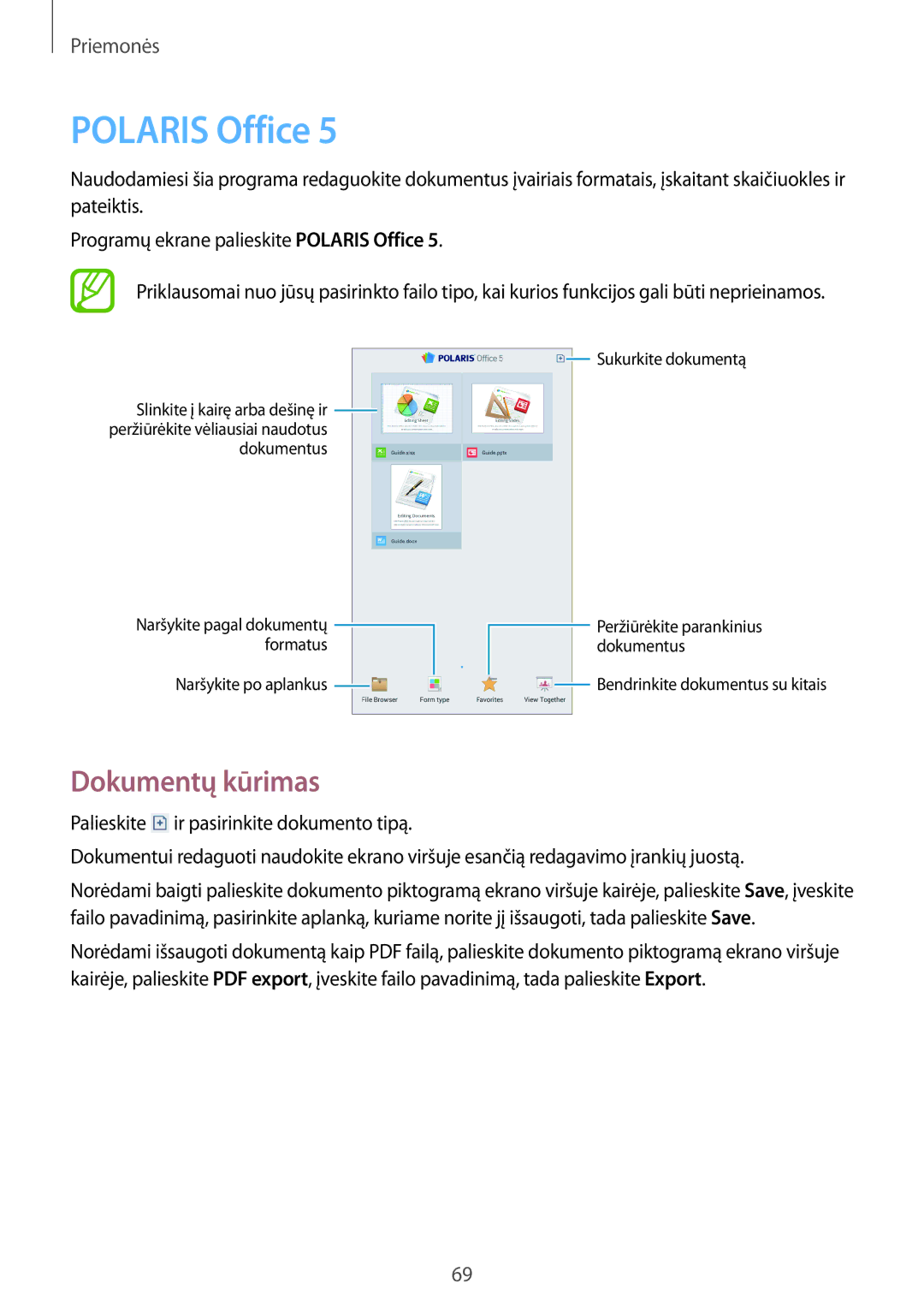Samsung SM-T110XDWASEB, SM-T110XYKASEB, SM-T110NDWASEB, SM-T110NBGASEB, SM-T110NYKASEB manual Polaris Office, Dokumentų kūrimas 