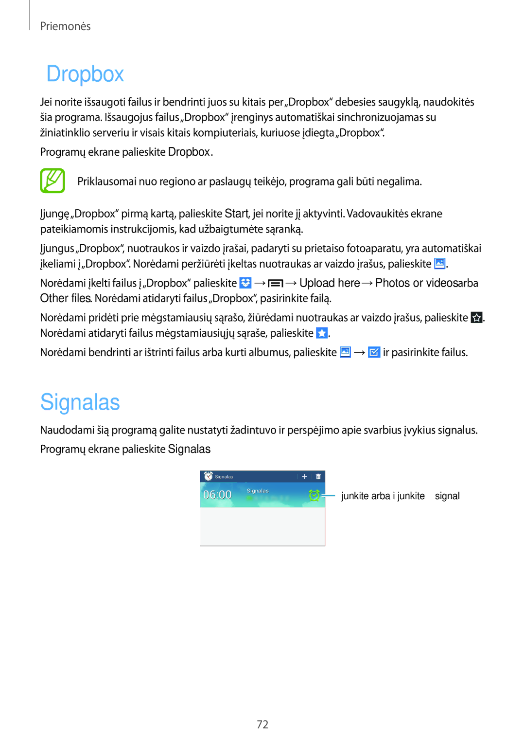 Samsung SM-T110NBGASEB, SM-T110XYKASEB, SM-T110NDWASEB, SM-T110NYKASEB, SM-T110NPIASEB, SM-T110NLYASEB manual „Dropbox, Signalas 