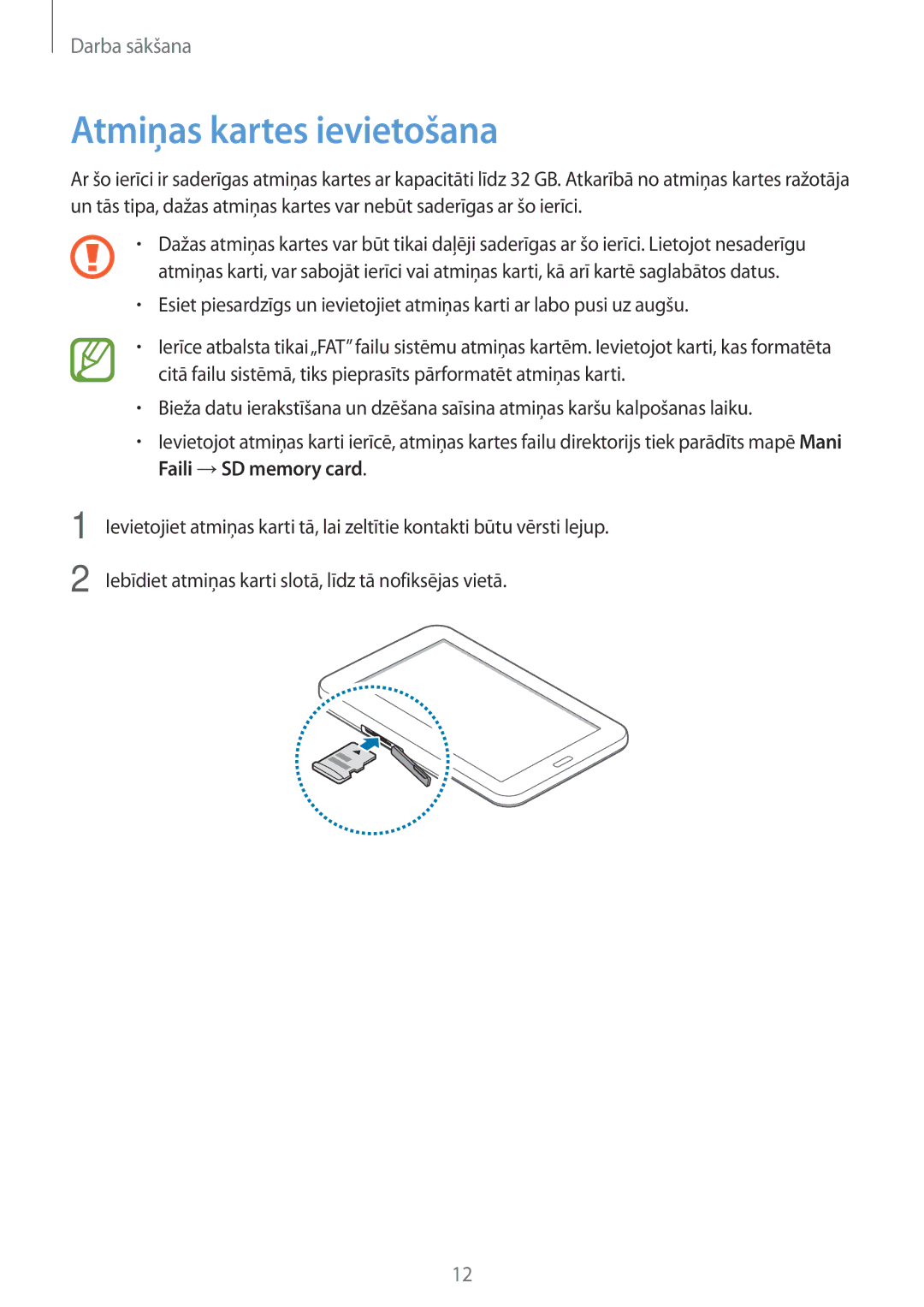 Samsung SM-T110NLYASEB, SM-T110XYKASEB, SM-T110NDWASEB, SM-T110NBGASEB, SM-T110NYKASEB manual Atmiņas kartes ievietošana 