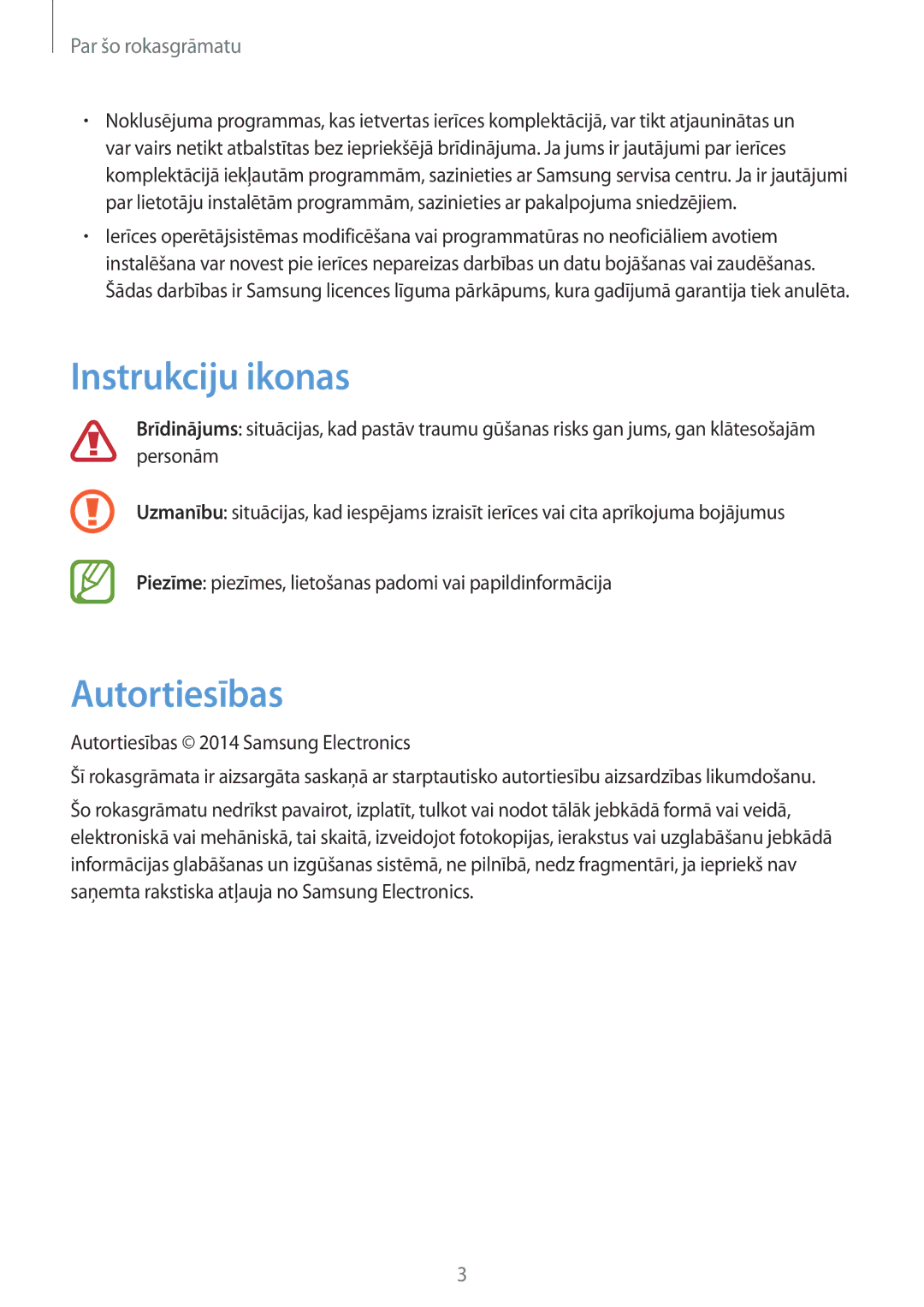 Samsung SM-T110NYKASEB, SM-T110XYKASEB, SM-T110NDWASEB, SM-T110NBGASEB, SM-T110NPIASEB manual Instrukciju ikonas, Autortiesības 