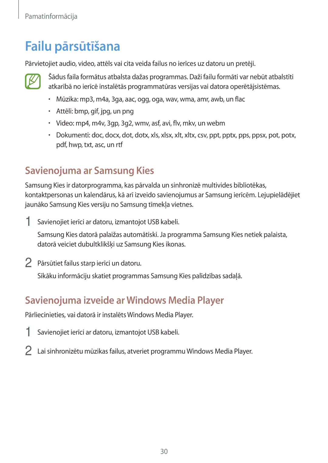 Samsung SM-T110NBGASEB manual Failu pārsūtīšana, Savienojuma ar Samsung Kies, Savienojuma izveide ar Windows Media Player 