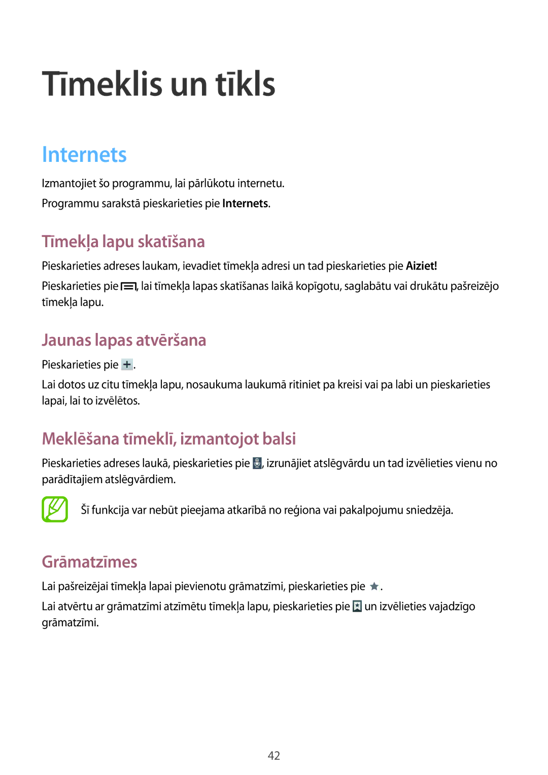 Samsung SM-T110XYKASEB, SM-T110NDWASEB, SM-T110NBGASEB, SM-T110NYKASEB, SM-T110NPIASEB manual Tīmeklis un tīkls, Internets 