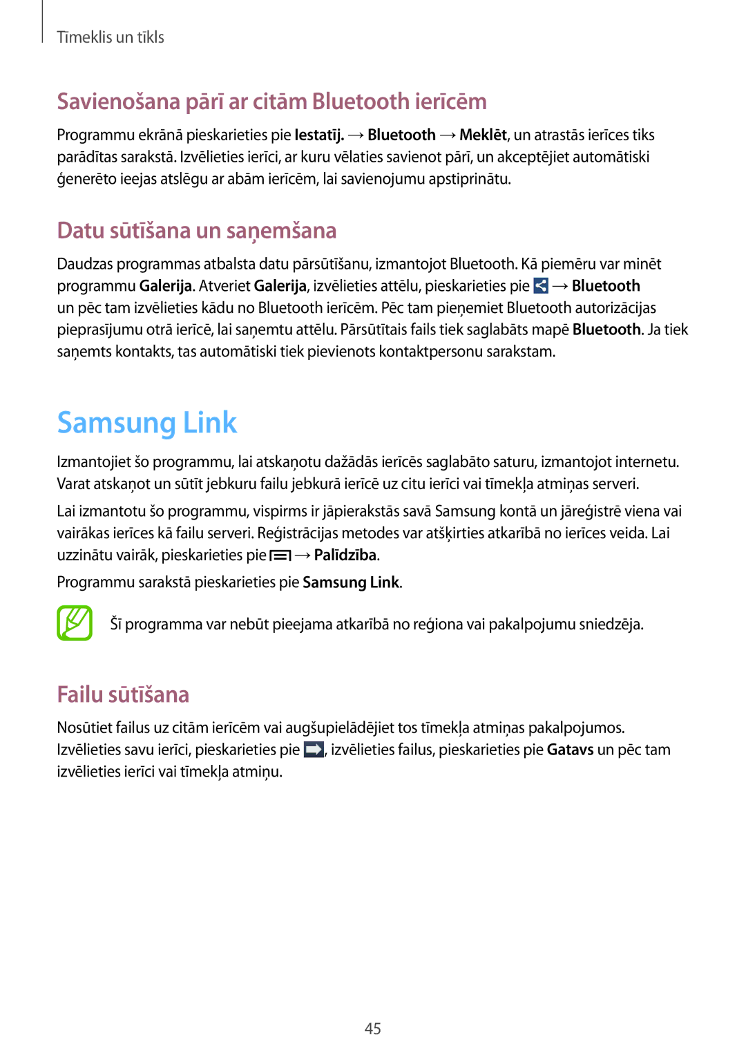 Samsung SM-T110NYKASEB manual Samsung Link, Savienošana pārī ar citām Bluetooth ierīcēm, Datu sūtīšana un saņemšana 