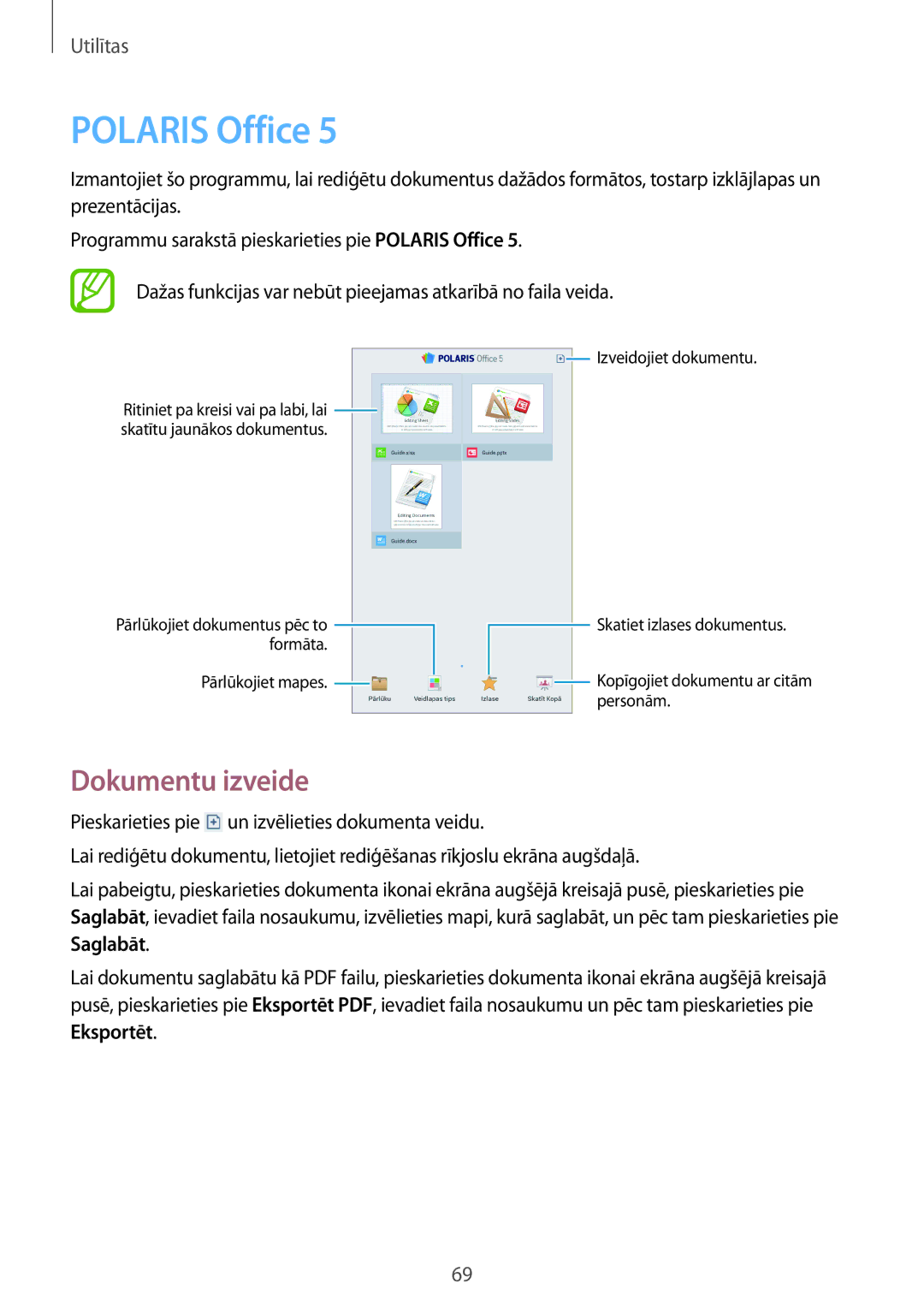 Samsung SM-T110XDWASEB, SM-T110XYKASEB, SM-T110NDWASEB, SM-T110NBGASEB, SM-T110NYKASEB manual Polaris Office, Dokumentu izveide 