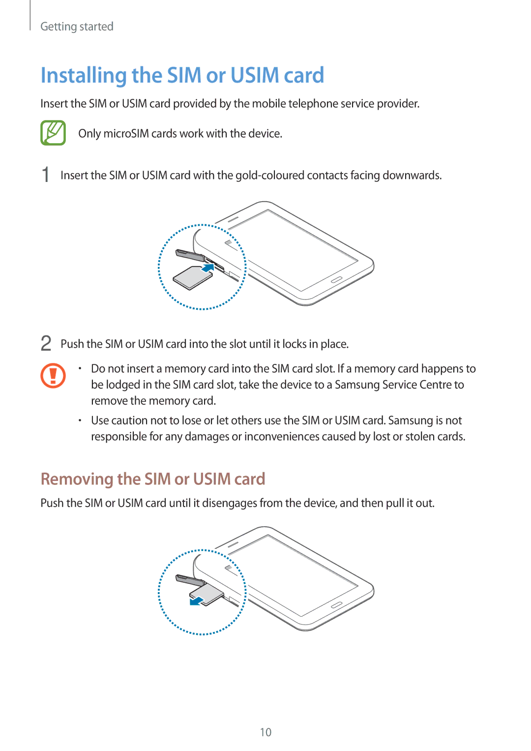 Samsung SM-T111NDWAXXV, SM-T111NDWAEUR, SM-T111NYKASEB manual Installing the SIM or Usim card, Removing the SIM or Usim card 