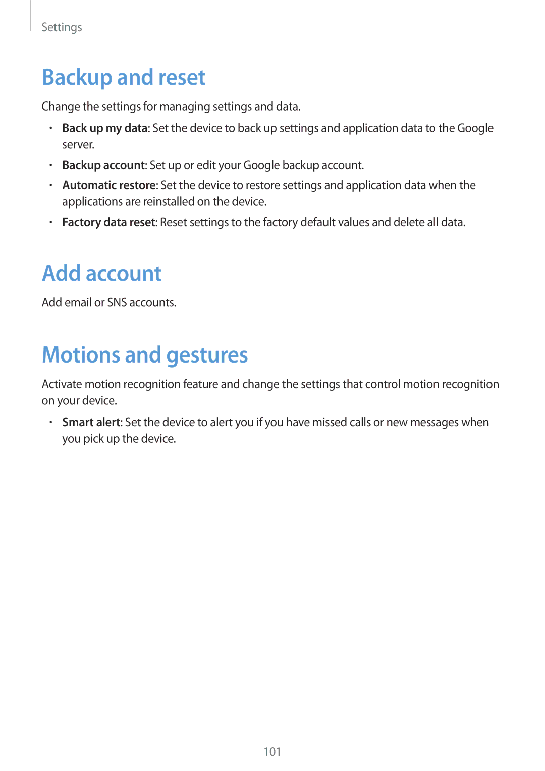 Samsung SM-T111NYKAPHE, SM-T111NDWAEUR, SM-T111NYKASEB, SM-T111NDWADBT Backup and reset, Add account, Motions and gestures 