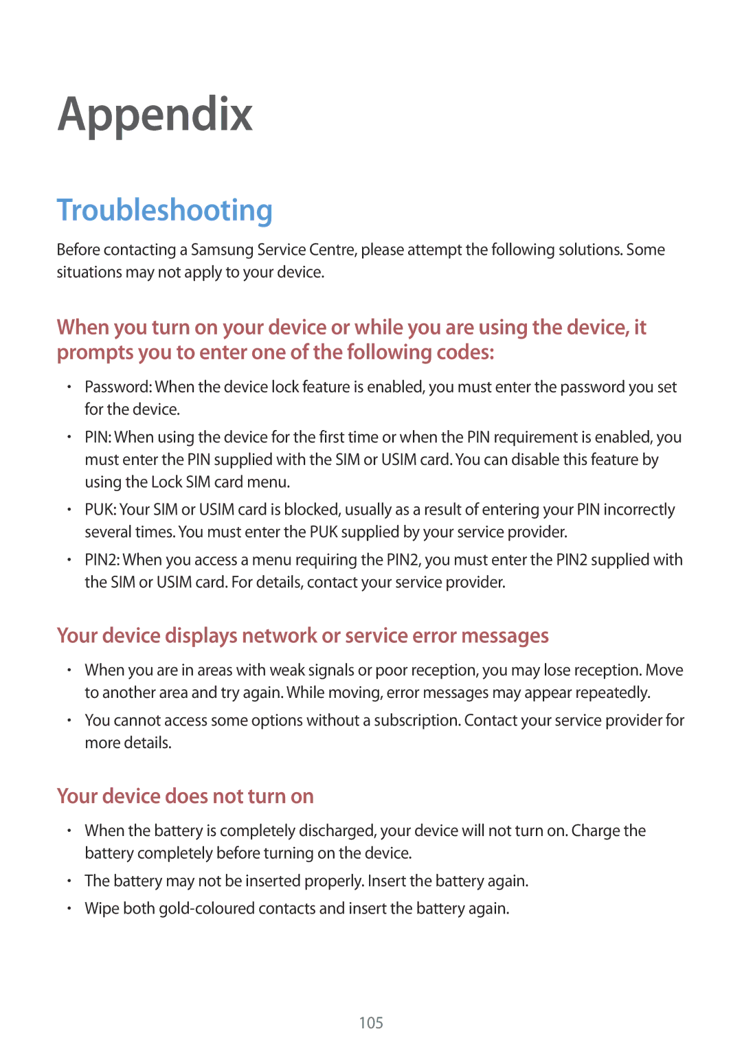 Samsung SM-T111NYKAXXV, SM-T111NDWAEUR, SM-T111NYKASEB, SM-T111NDWADBT, SM-T111NDWASEB manual Appendix, Troubleshooting 