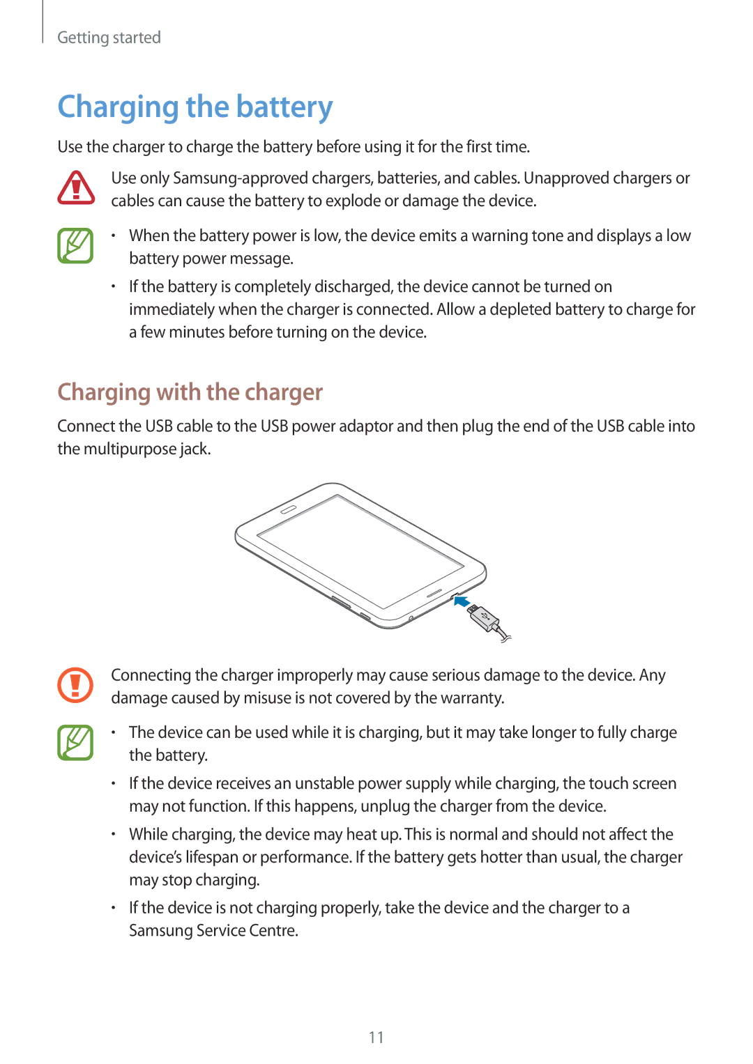 Samsung SM-T111NYKAXXV, SM-T111NDWAEUR, SM-T111NYKASEB, SM-T111NDWADBT manual Charging the battery, Charging with the charger 