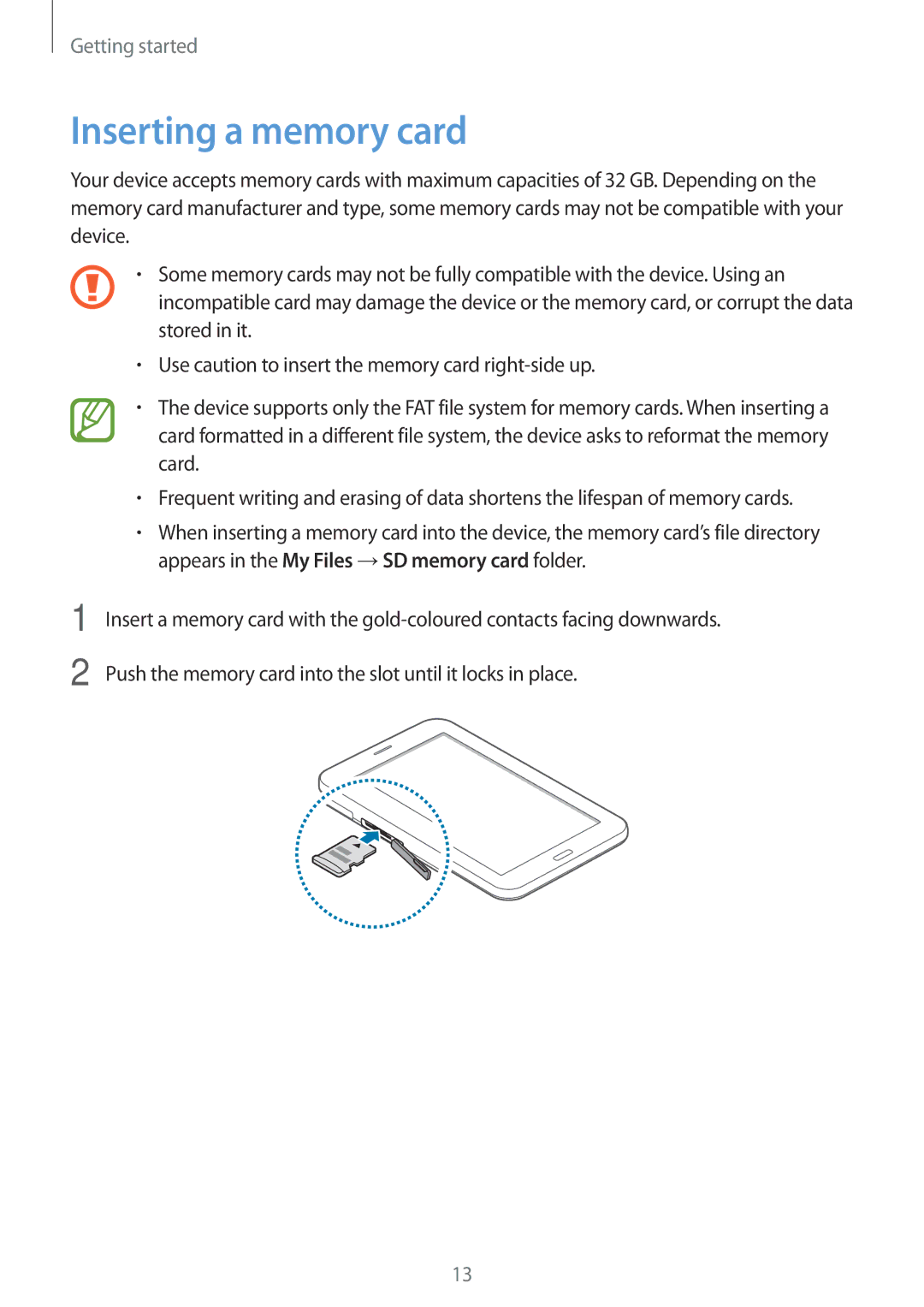 Samsung SM-T111NPIAXXV, SM-T111NDWAEUR, SM-T111NYKASEB, SM-T111NDWADBT, SM-T111NDWASEB, SM-T111NYKADBT Inserting a memory card 