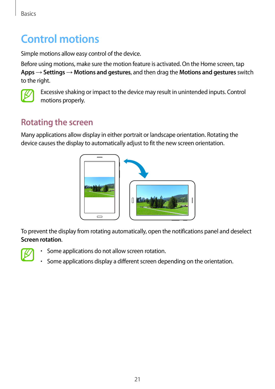Samsung SM-T111NDWAXEH, SM-T111NDWAEUR, SM-T111NYKASEB, SM-T111NDWADBT, SM-T111NDWASEB Control motions, Rotating the screen 