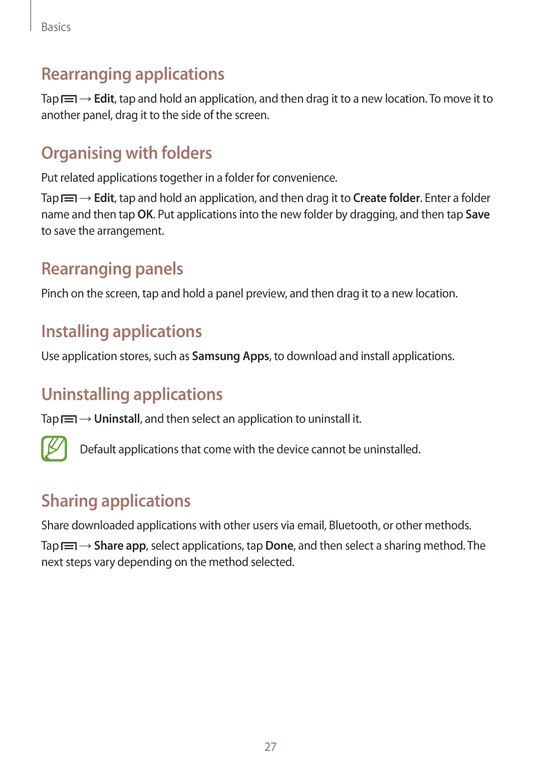 Samsung SM-T111NDWATMS Rearranging applications, Organising with folders, Installing applications, Sharing applications 