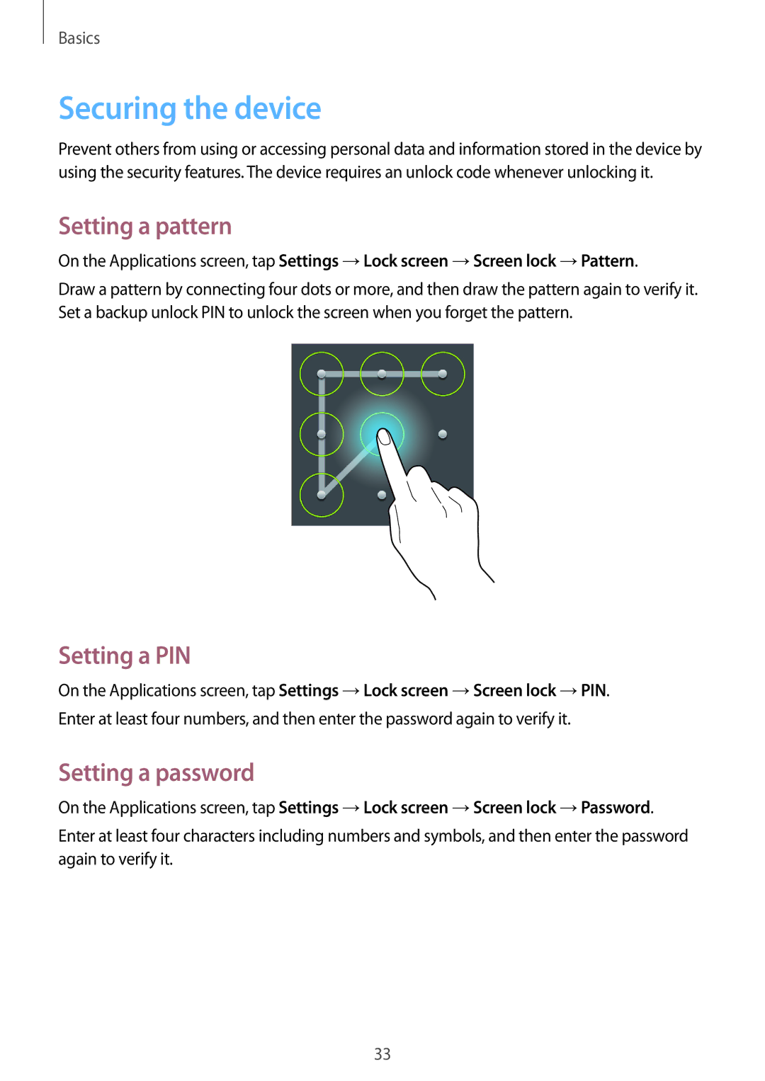 Samsung SM2T111NDWAXSK, SM-T111NDWAEUR manual Securing the device, Setting a pattern, Setting a PIN, Setting a password 