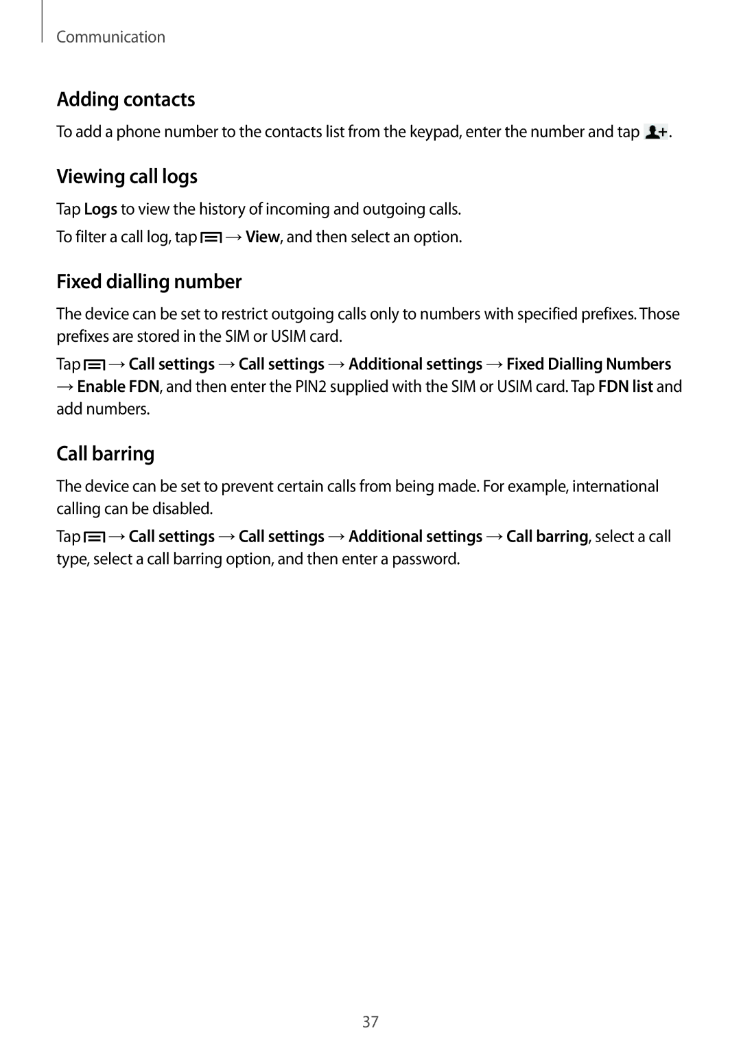 Samsung SM2T111NDWAXEZ, SM-T111NDWAEUR manual Adding contacts, Viewing call logs, Fixed dialling number, Call barring 