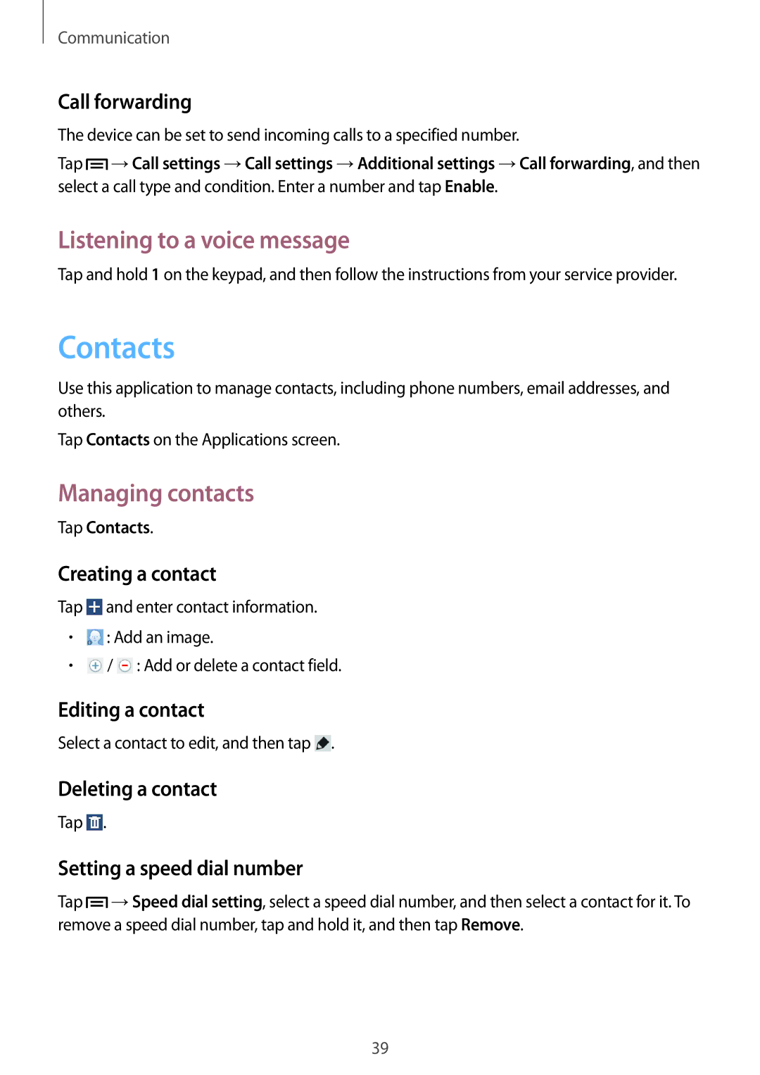 Samsung SM-T111NYKAXEH, SM-T111NDWAEUR, SM-T111NYKASEB manual Contacts, Listening to a voice message, Managing contacts 