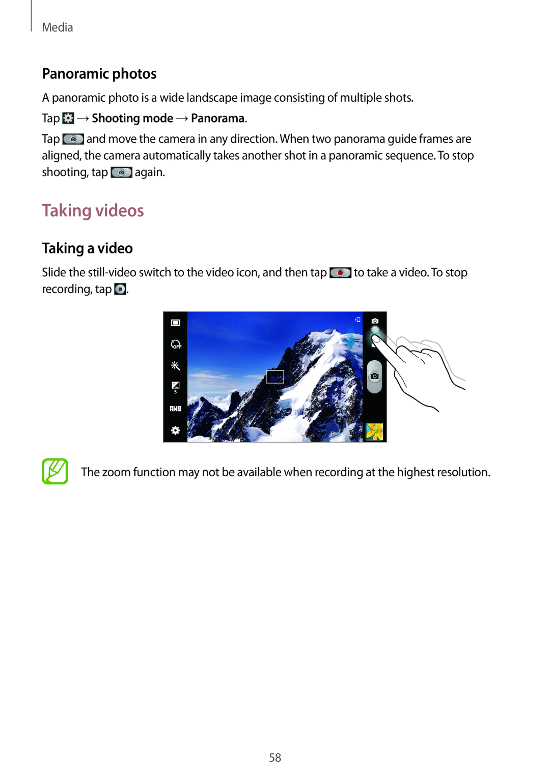 Samsung SM-T111NYKAXXV, SM-T111NDWAEUR manual Taking videos, Panoramic photos, Taking a video, Tap →Shooting mode →Panorama 
