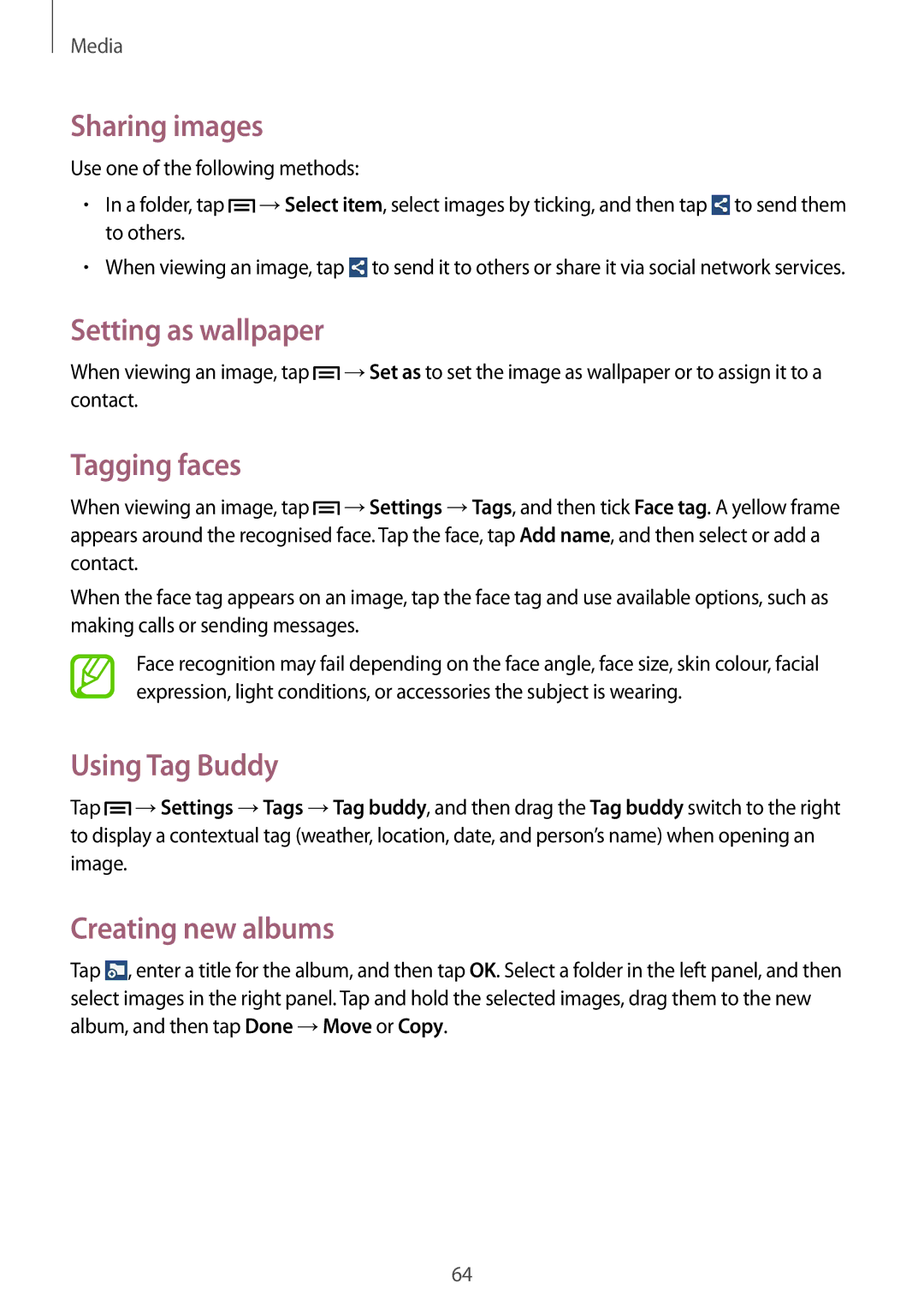 Samsung SM-T111NPIABGL manual Sharing images, Setting as wallpaper, Tagging faces, Using Tag Buddy, Creating new albums 