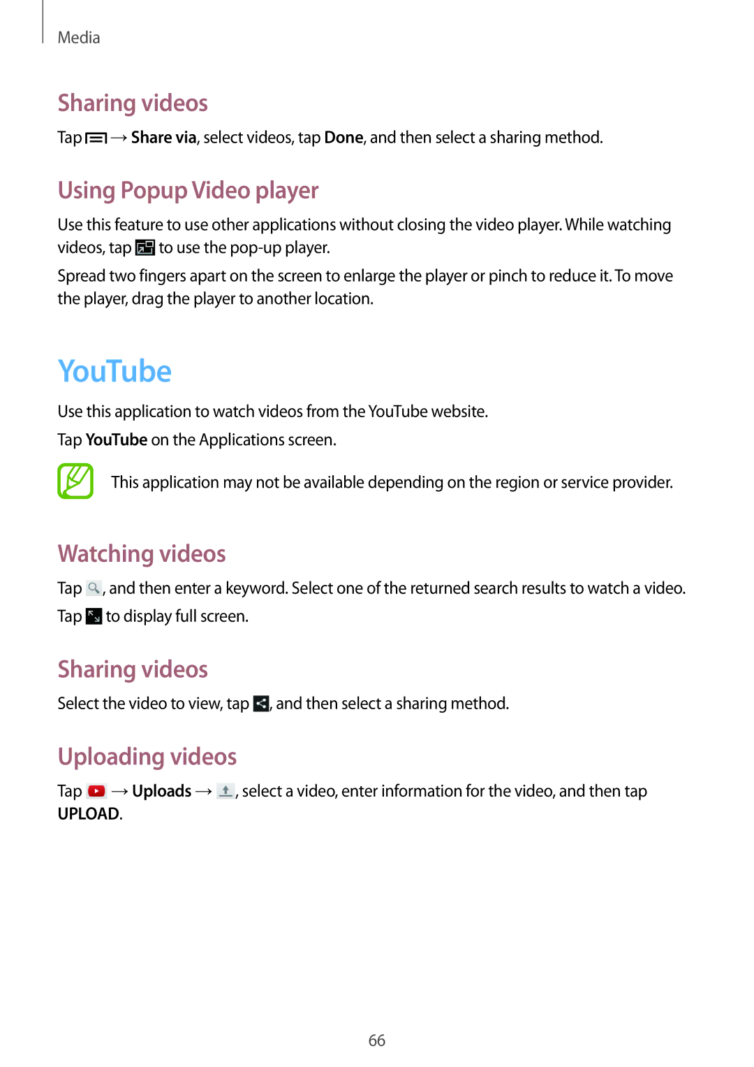 Samsung SM-T111NDWASEE manual YouTube, Sharing videos, Using Popup Video player, Watching videos, Uploading videos 