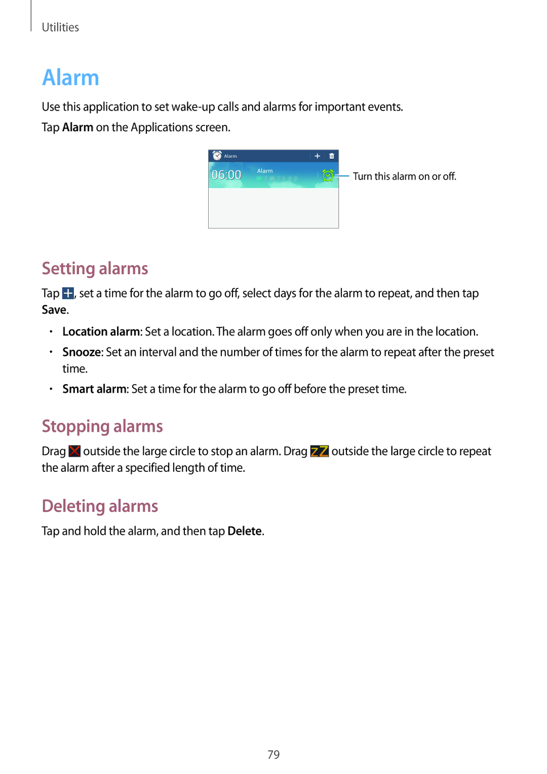 Samsung SM-T111NDWATMH, SM-T111NDWAEUR, SM-T111NYKASEB manual Alarm, Setting alarms, Stopping alarms, Deleting alarms 