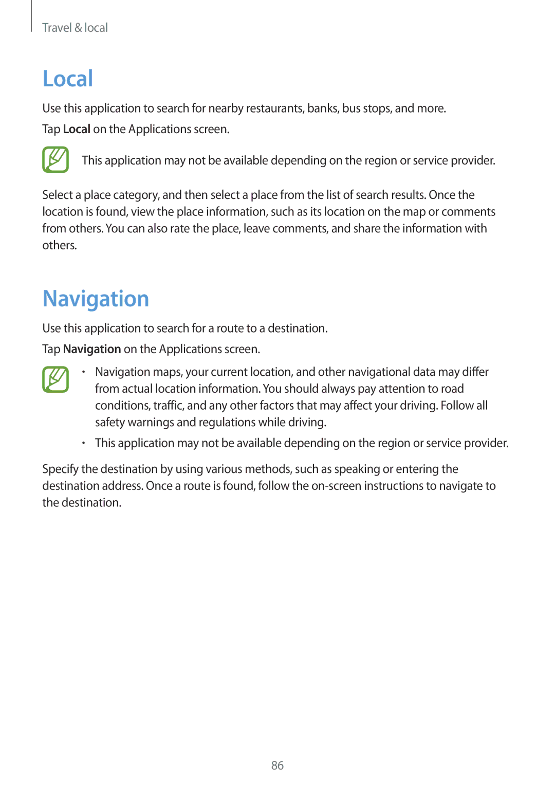 Samsung SM-T111NYKAXEH, SM-T111NDWAEUR, SM-T111NYKASEB, SM-T111NDWADBT, SM-T111NDWASEB, SM-T111NYKADBT manual Local, Navigation 