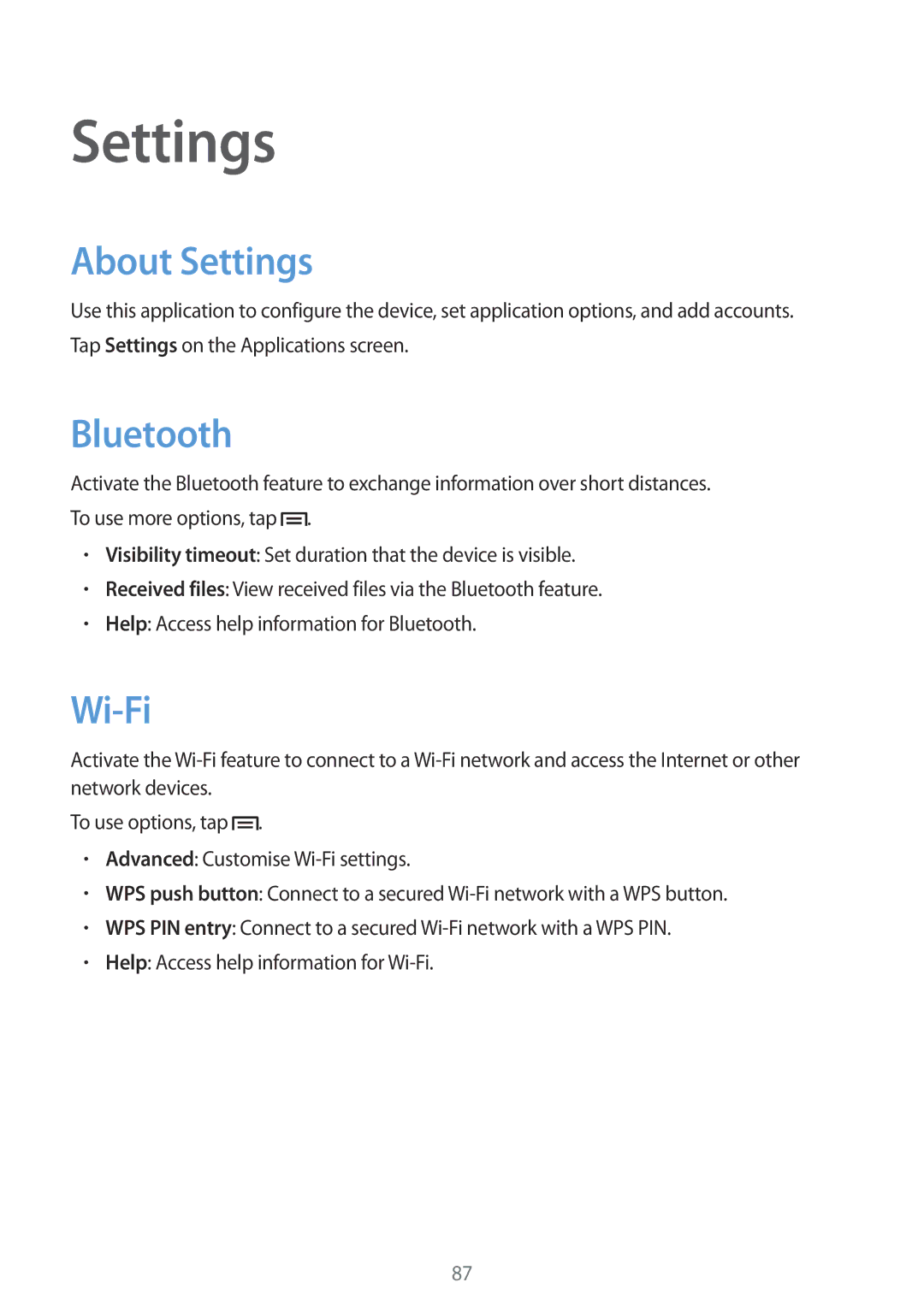 Samsung SM-T111NYKANEE, SM-T111NDWAEUR, SM-T111NYKASEB, SM-T111NDWADBT, SM-T111NDWASEB manual About Settings, Wi-Fi 