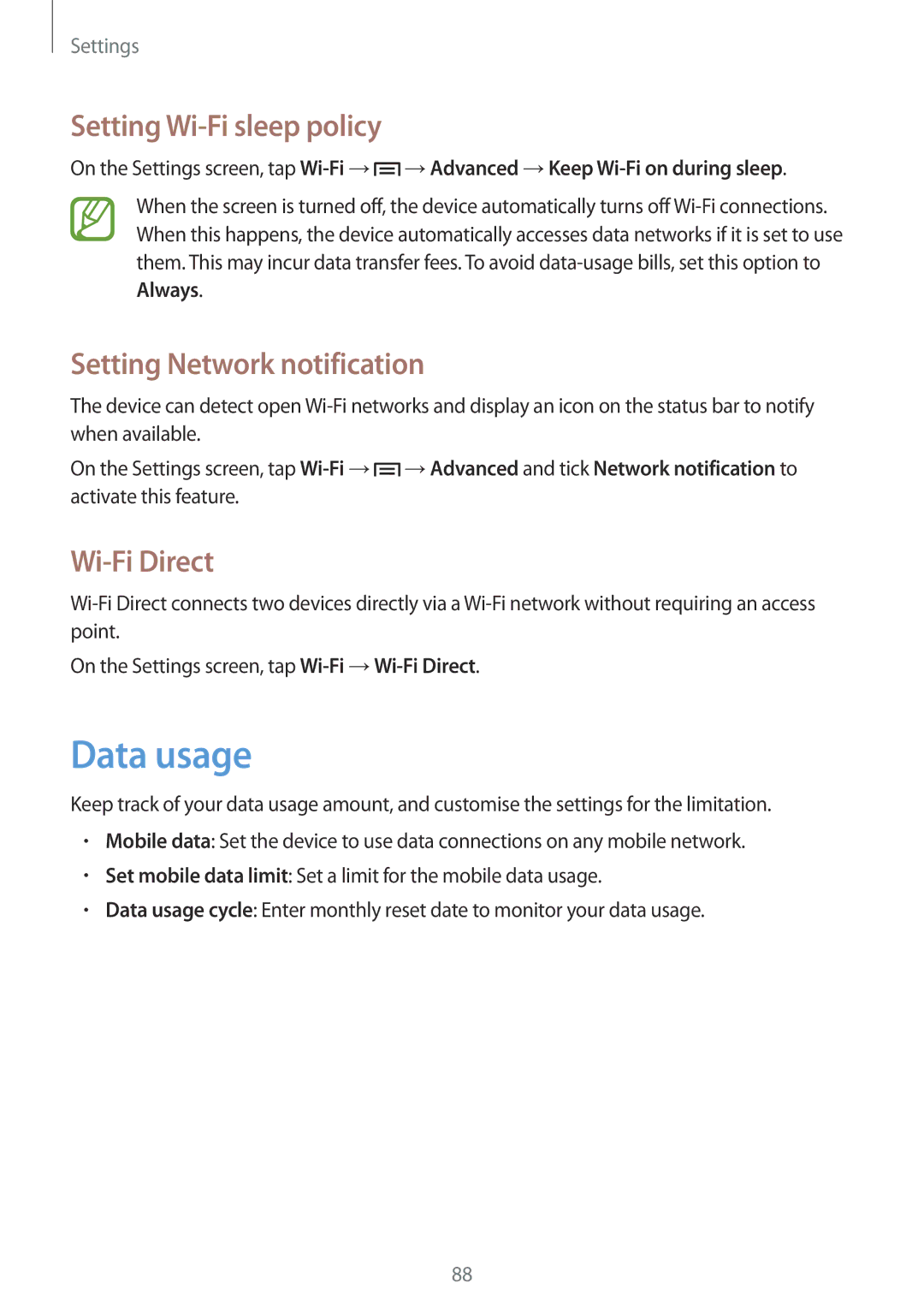 Samsung SM-T111NDWANEE, SM-T111NDWAEUR Data usage, Setting Wi-Fi sleep policy, Setting Network notification, Wi-Fi Direct 