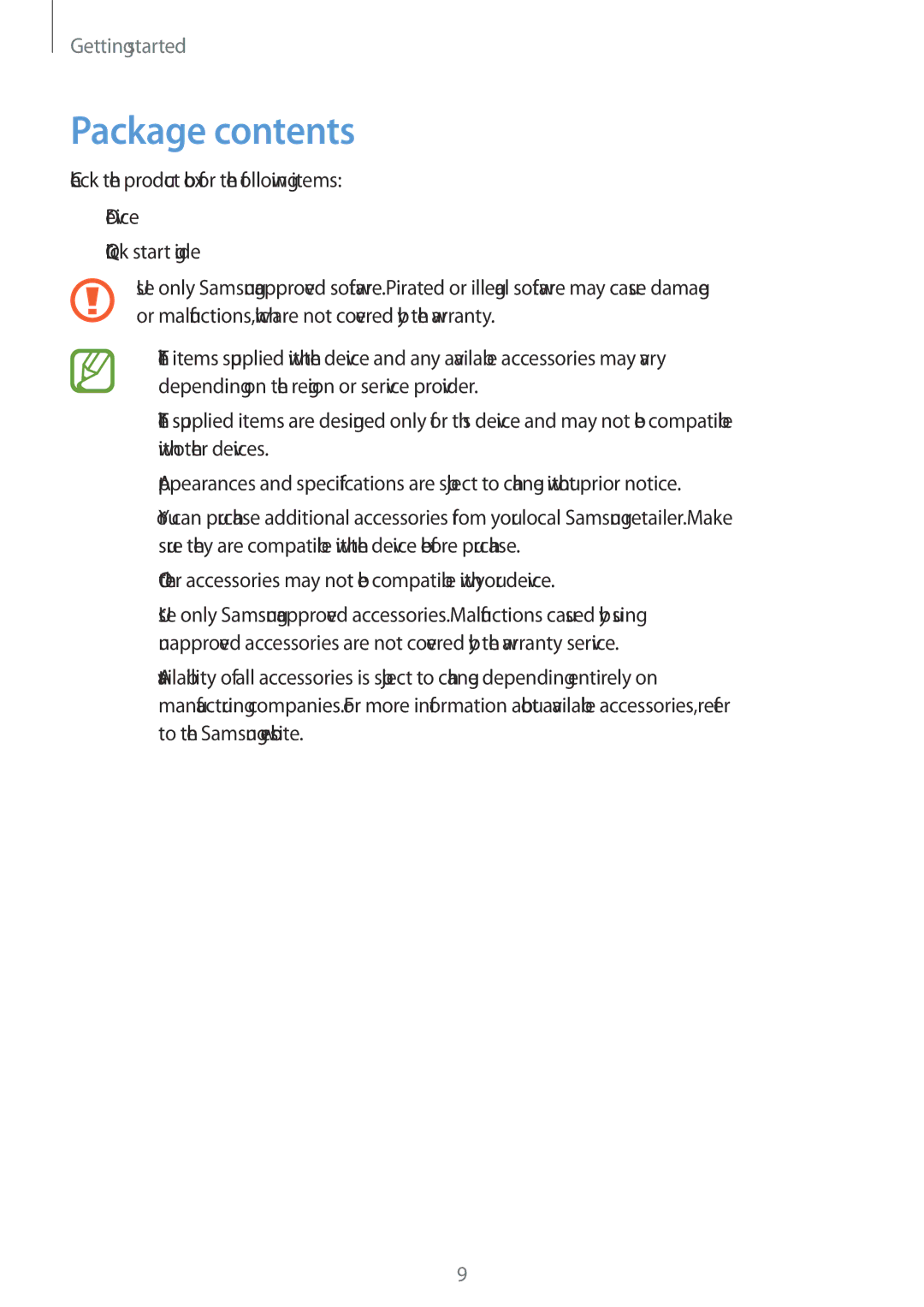 Samsung SM-T111NDWAKSA, SM-T111NDWAEUR, SM-T111NYKASEB, SM-T111NDWADBT, SM-T111NDWASEB, SM-T111NYKADBT manual Package contents 