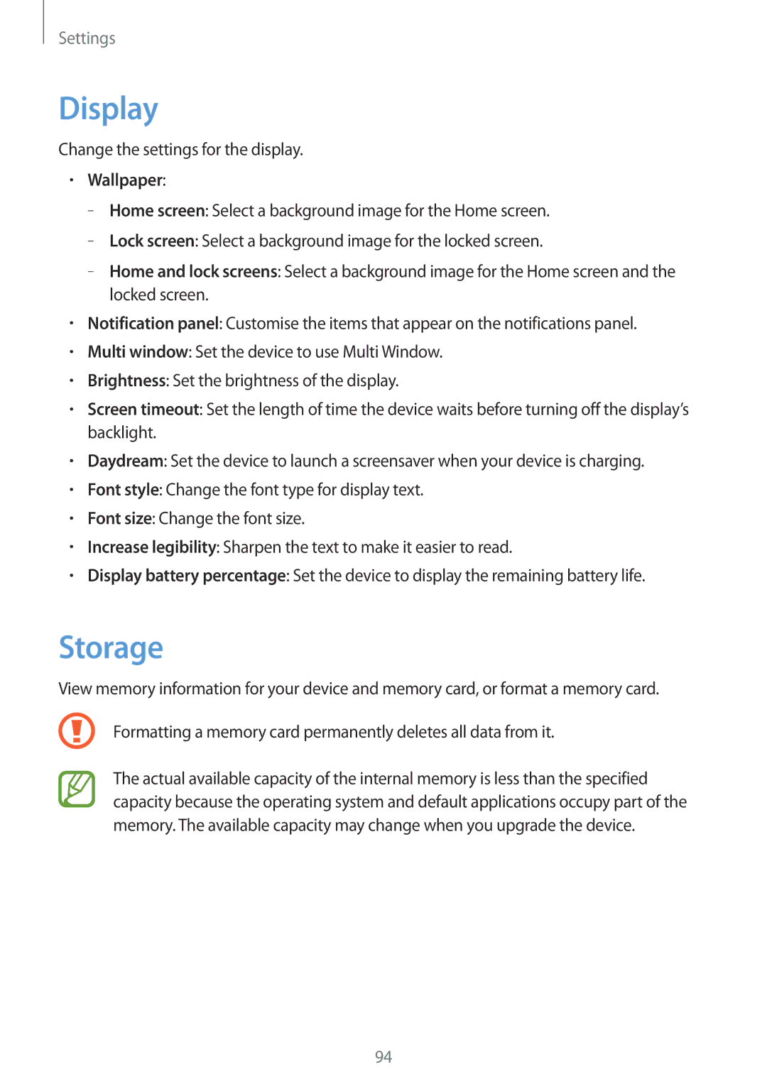 Samsung SM-T111NDWAEUR, SM-T111NYKASEB, SM-T111NDWADBT, SM-T111NDWASEB, SM-T111NYKADBT manual Display, Storage, Wallpaper 