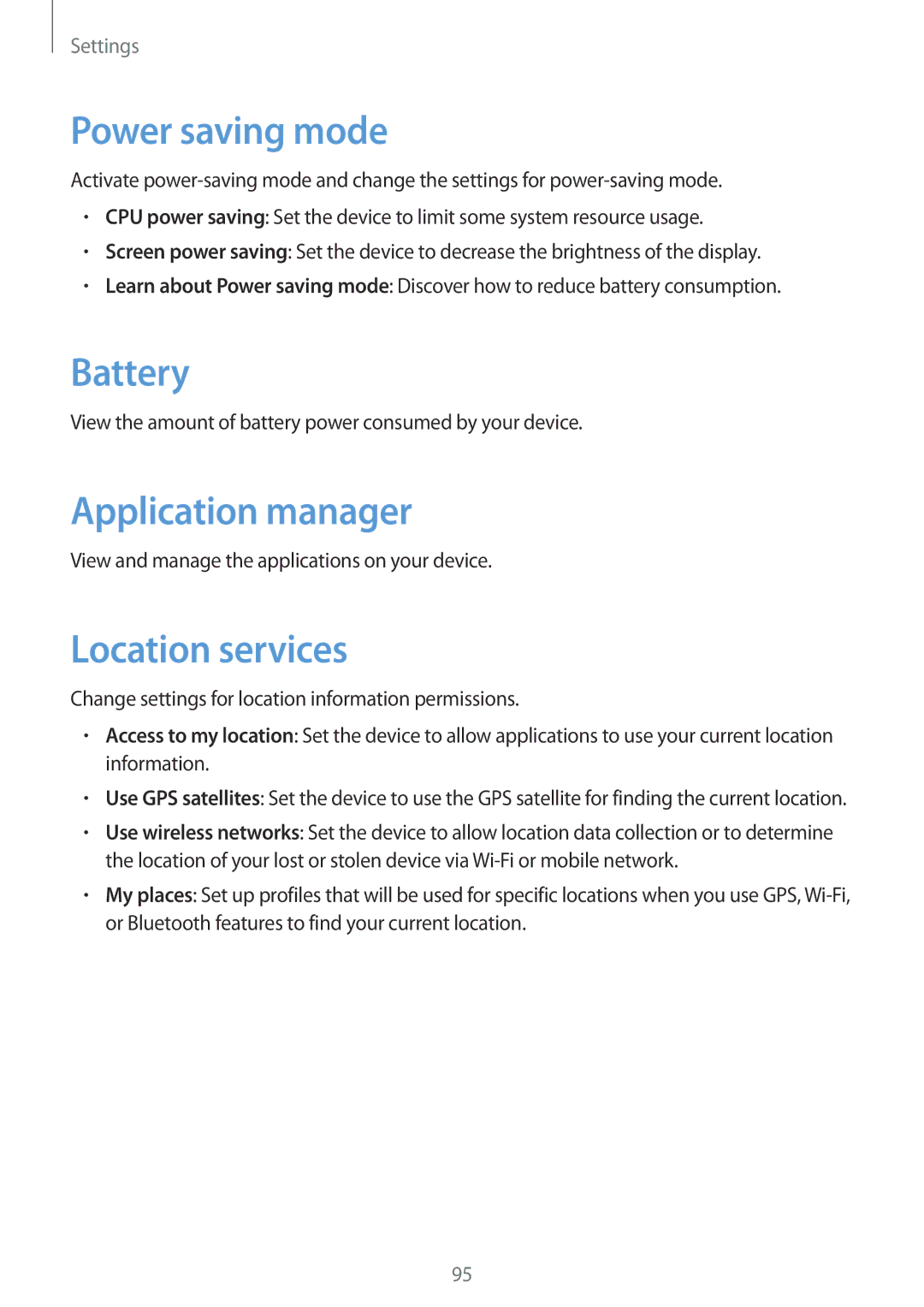 Samsung SM-T111NYKASEB, SM-T111NDWAEUR, SM-T111NDWADBT Power saving mode, Battery, Application manager, Location services 