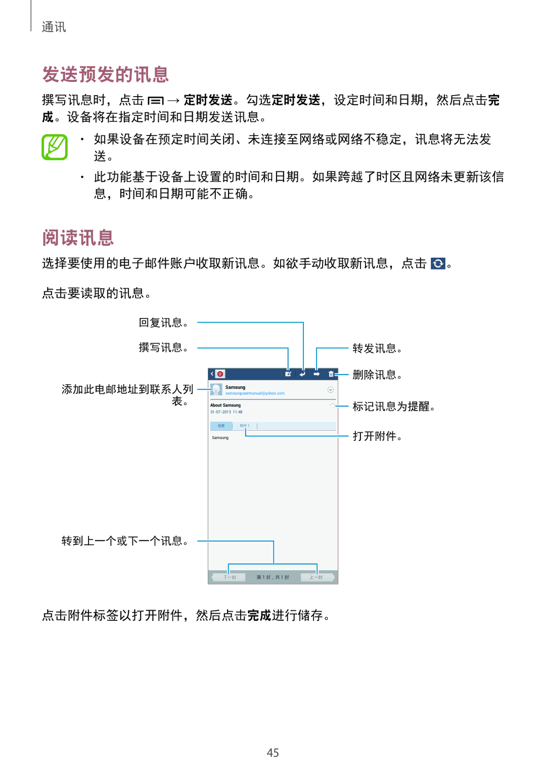 Samsung SM2T111NDWAXEH, SM-T111NDWAEUR manual 阅读讯息, 选择要使用的电子邮件账户收取新讯息。如欲手动收取新讯息，点击 。 点击要读取的讯息。, 点击附件标签以打开附件，然后点击完成进行储存。 