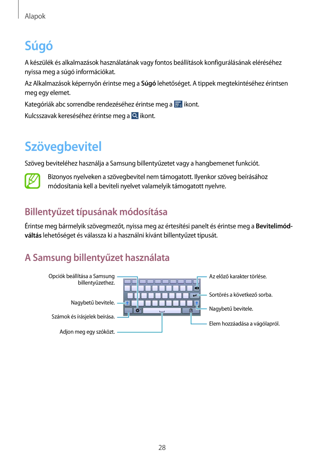 Samsung SM2T111NDWATMZ manual Súgó, Szövegbevitel, Billentyűzet típusának módosítása, Samsung billentyűzet használata 