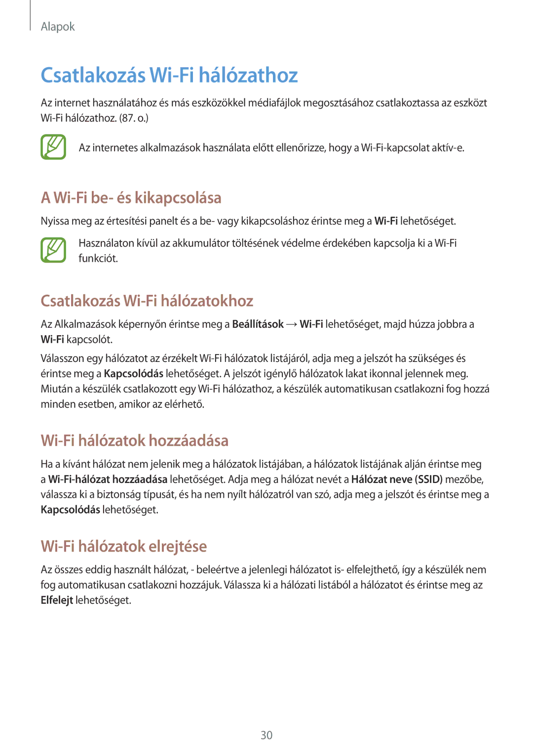 Samsung SM-T111NDWATMH manual Csatlakozás Wi-Fi hálózathoz, Wi-Fi be- és kikapcsolása, Csatlakozás Wi-Fi hálózatokhoz 