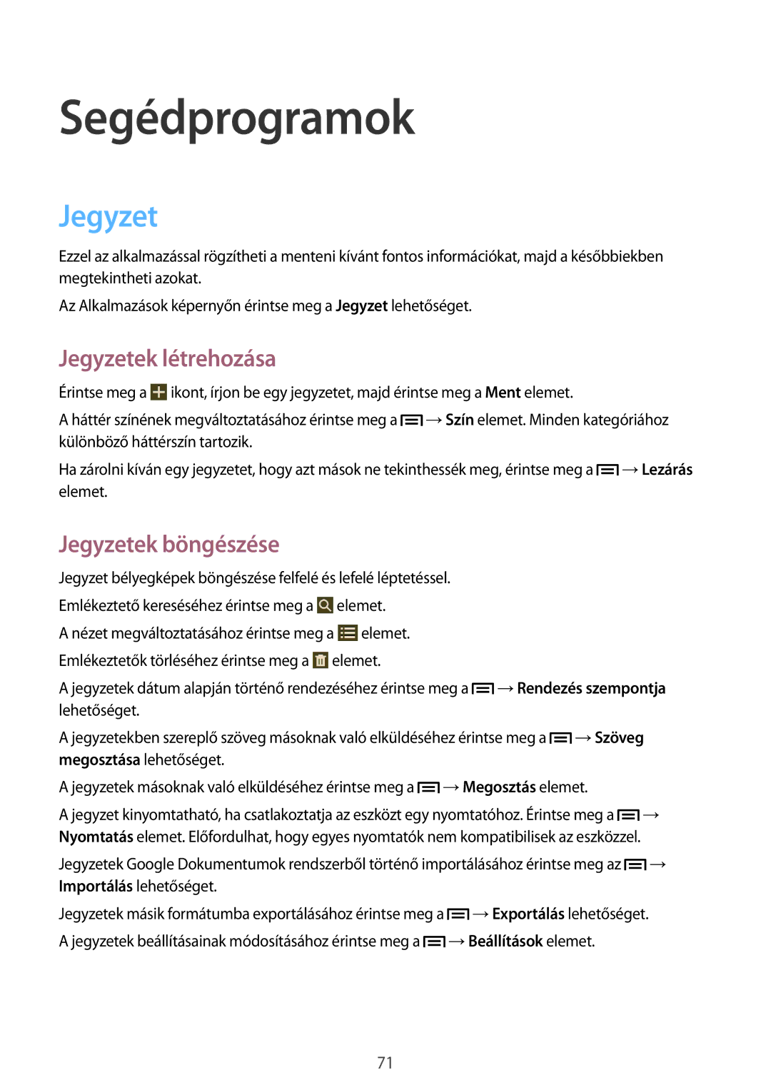 Samsung SM-T111NLYAXSK, SM-T111NDWAEUR, SM2T111NDWATMH manual Segédprogramok, Jegyzetek létrehozása, Jegyzetek böngészése 