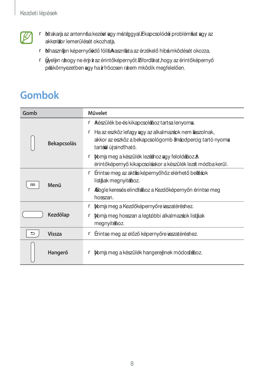 Samsung SM2T111NYKAXEH, SM-T111NDWAEUR, SM2T111NDWATMH, SM-T111NDWAXEH, SM-T111NDWAXEZ, SM2T111NDWATMS Gombok, Kezdeti lépések 