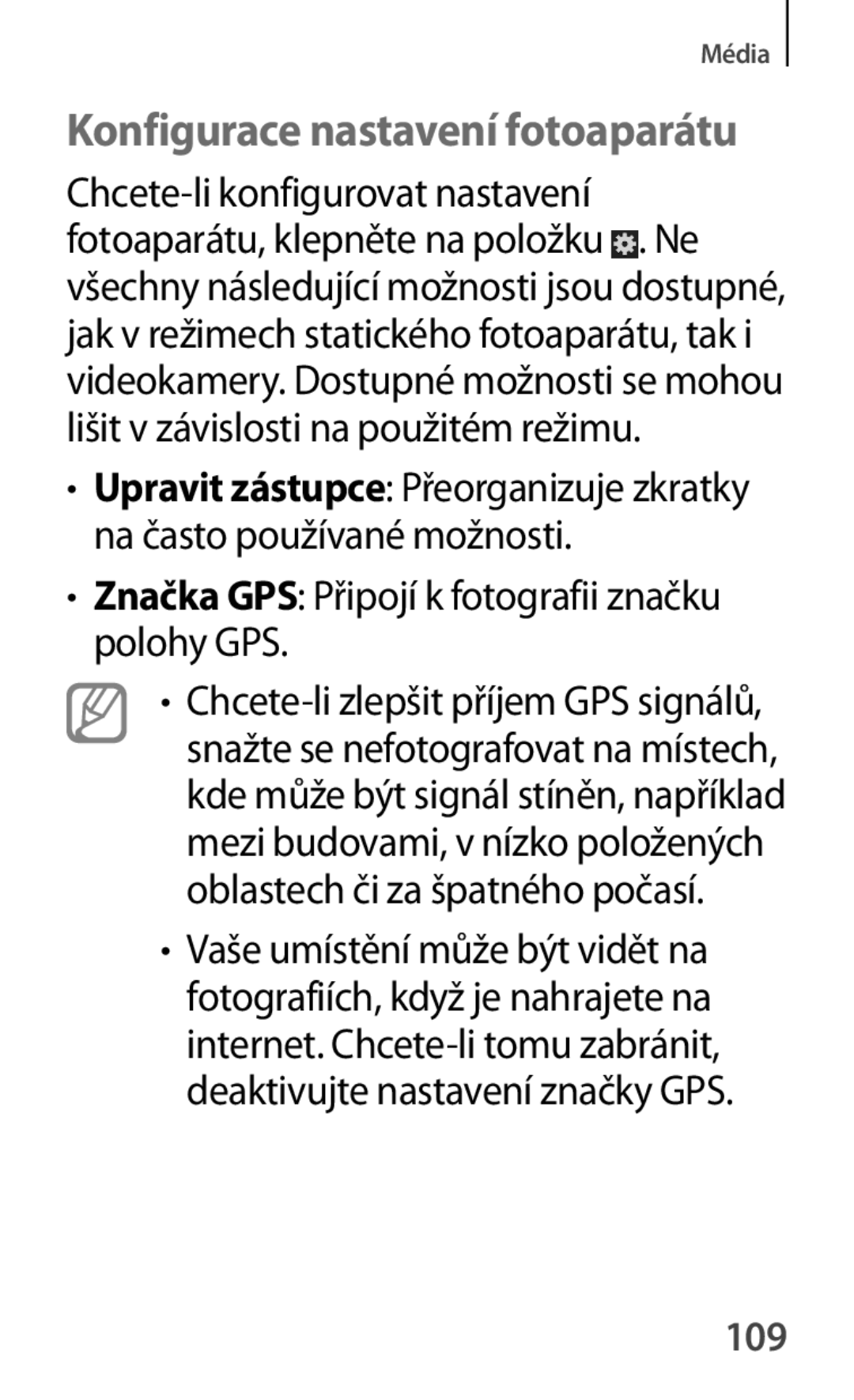 Samsung SM-T111NDWAXEZ manual Konfigurace nastavení fotoaparátu, Značka GPS Připojí k fotografii značku polohy GPS, 109 