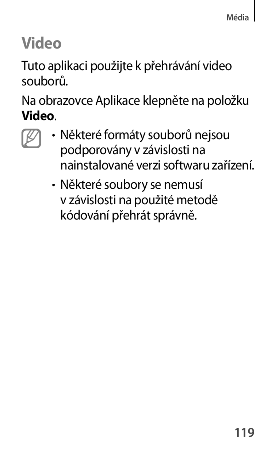 Samsung SM2T111NDWAXSK, SM-T111NDWAEUR, SM2T111NDWATMH manual Video, Tuto aplikaci použijte k přehrávání video souborů, 119 