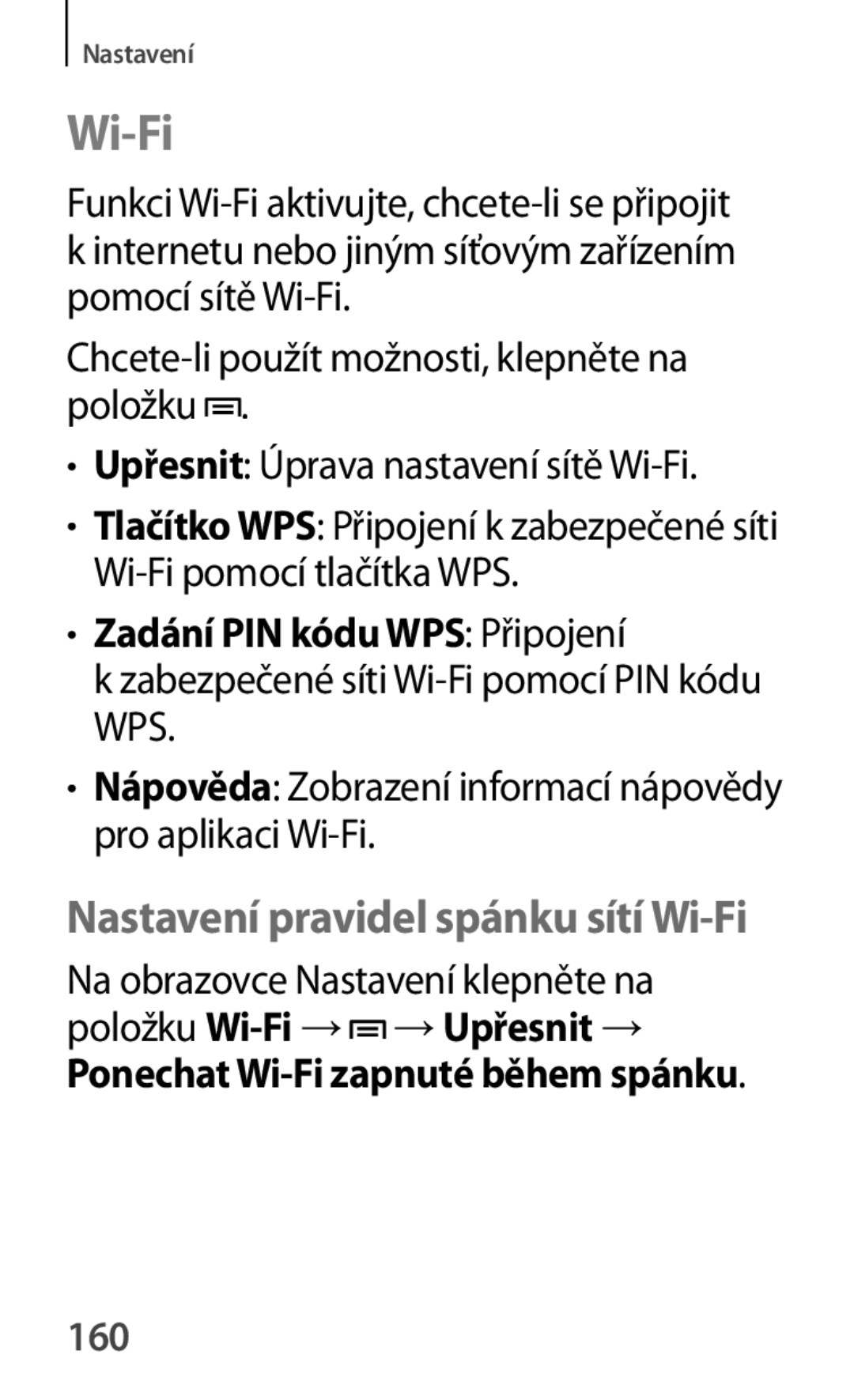 Samsung SM-T111NDWATMH Zadání PIN kódu WPS Připojení, Nápověda Zobrazení informací nápovědy pro aplikaci Wi-Fi, 160 