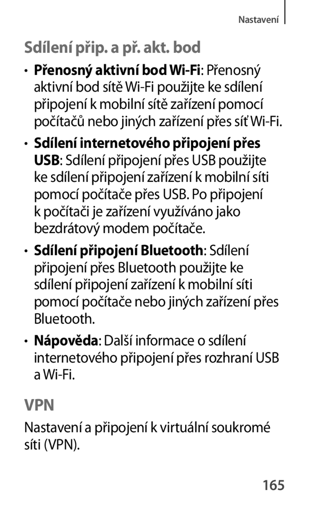 Samsung SM2T111NDWAXEZ, SM-T111NDWAEUR manual Sdílení přip. a př. akt. bod, Sdílení internetového připojení přes, 165 