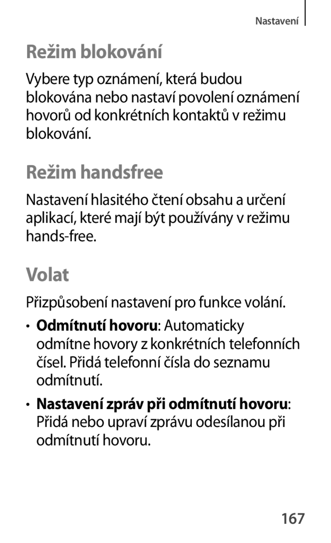 Samsung SM-T111NYKAXEH Režim blokování, Režim handsfree, Volat, Přidá nebo upraví zprávu odesílanou při odmítnutí hovoru 