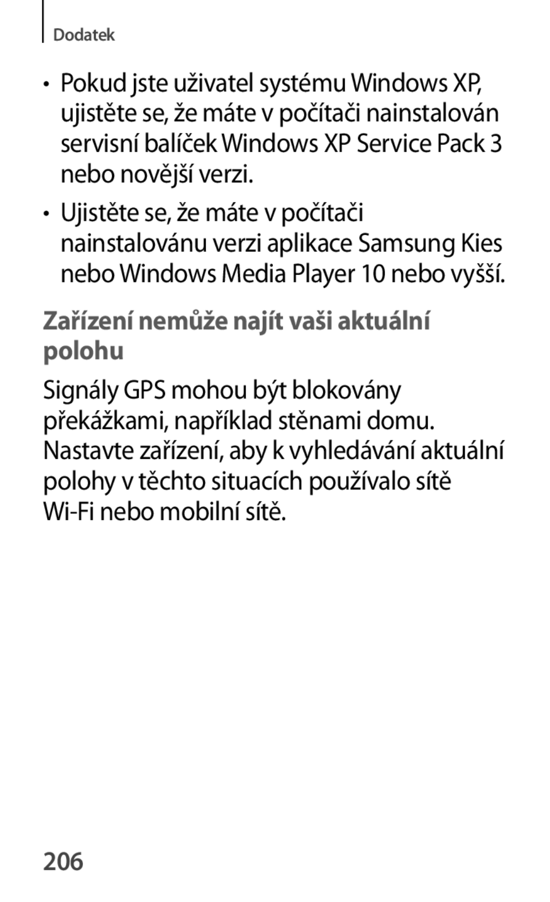 Samsung SM-T111NDWAXEO, SM-T111NDWAEUR, SM2T111NDWATMH, SM-T111NDWAXEH manual Zařízení nemůže najít vaši aktuální polohu, 206 